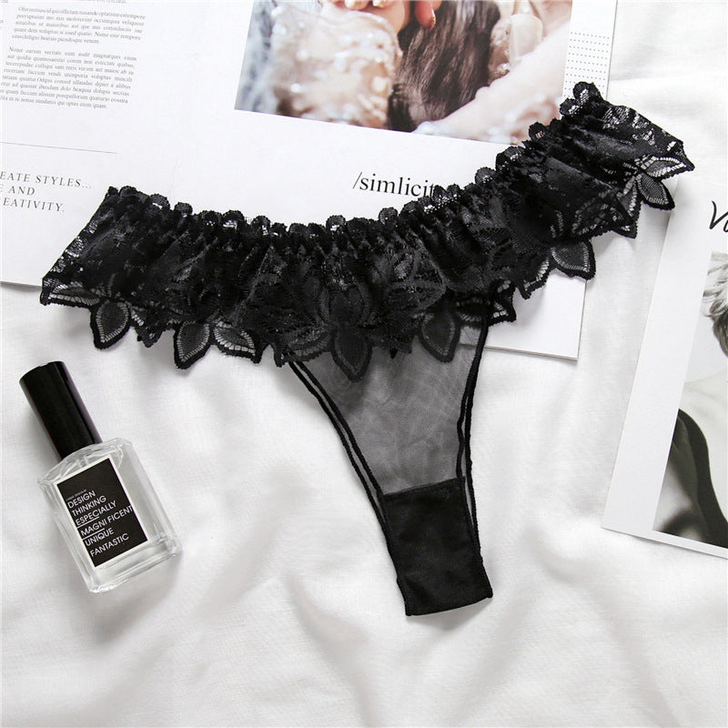 Sheer Lace Ruffle Thong Panty-Black-Theone Apparel