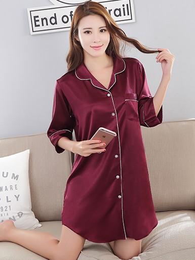 Silky Sleep Shirt with Piped Trim-Dark Red-Theone Apparel