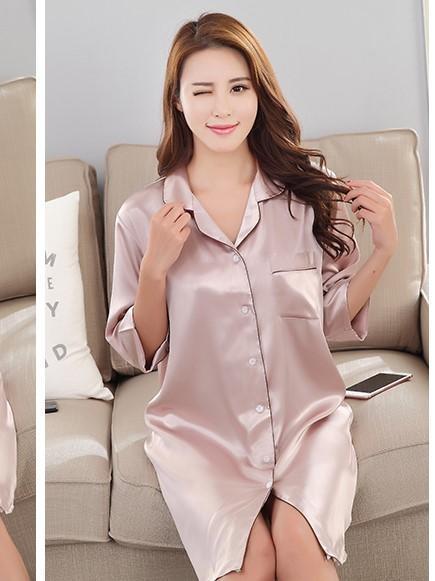 Silky Sleep Shirt with Piped Trim-Beige-Theone Apparel