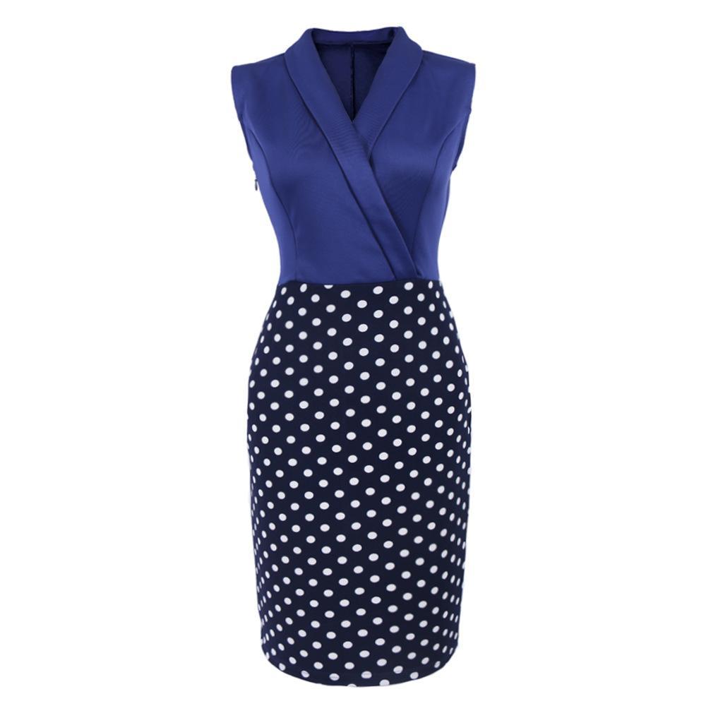Sleeveless Polka Dot Office Dress-Dark Blue-Theone Apparel