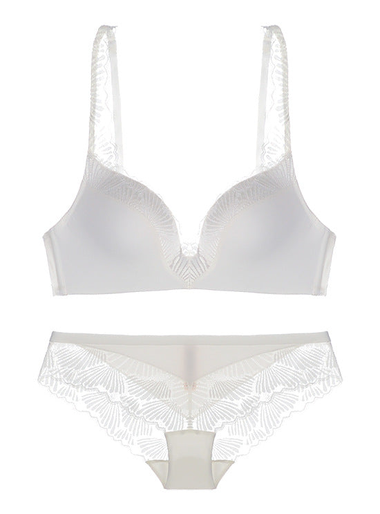 Smooth Cup Lace Trim Bra and Panty Set-White-Theone Apparel