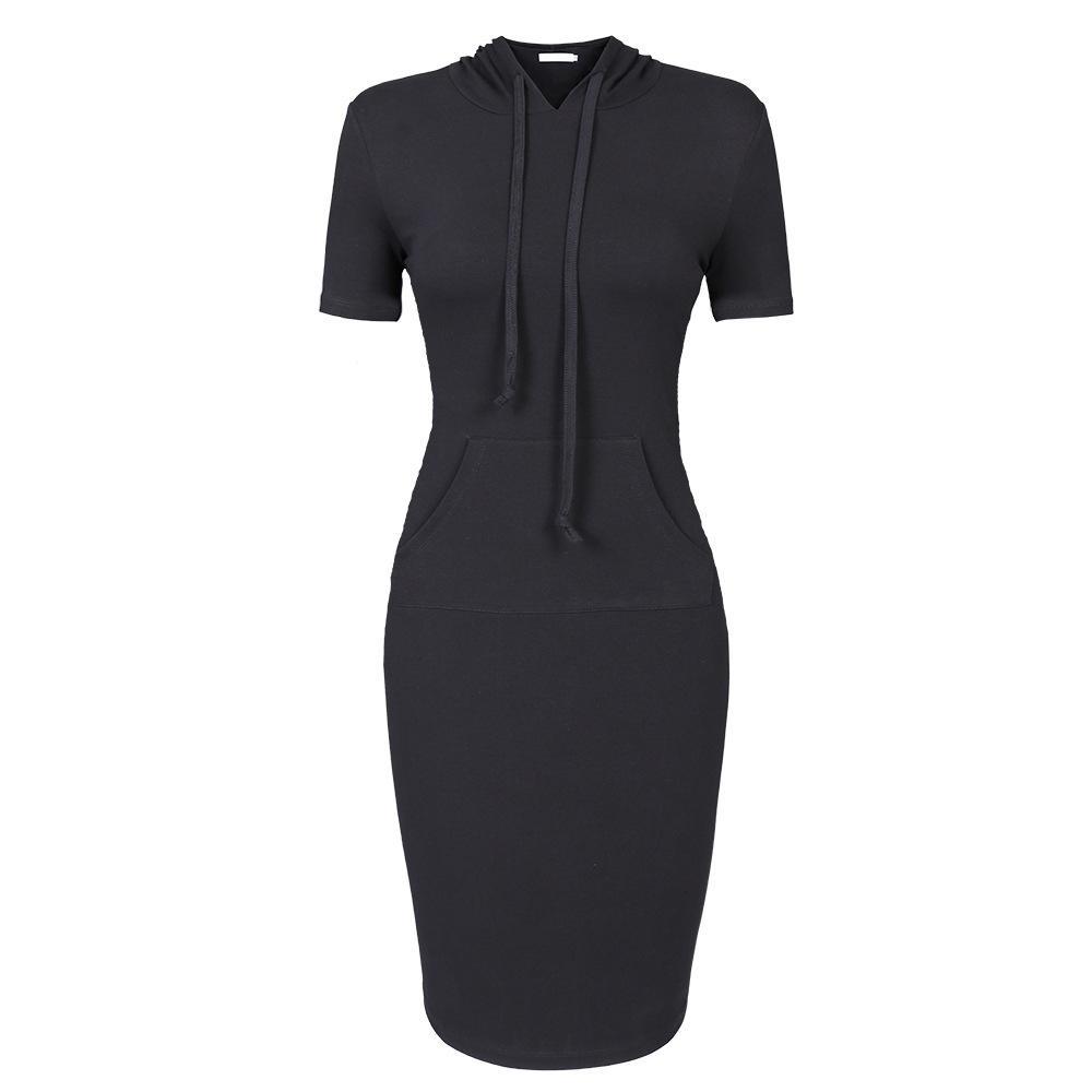 Sporty Drawstring Hood Sweater Dress-Black Short Sleeve-Theone Apparel