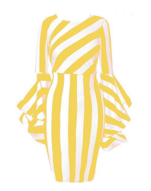 Striped Ruffle Bell Sleeve Dress-Yellow/White-Theone Apparel