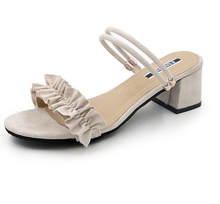 Suede Ruffle Strap Sandal Pumps