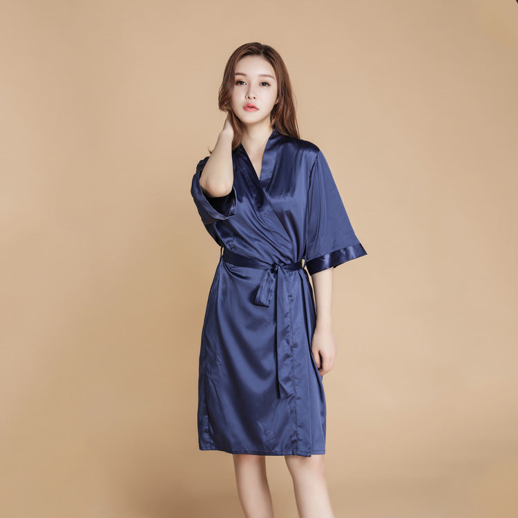 Sweet and Simple Satin Tie Robe-Navy Blue-Theone Apparel