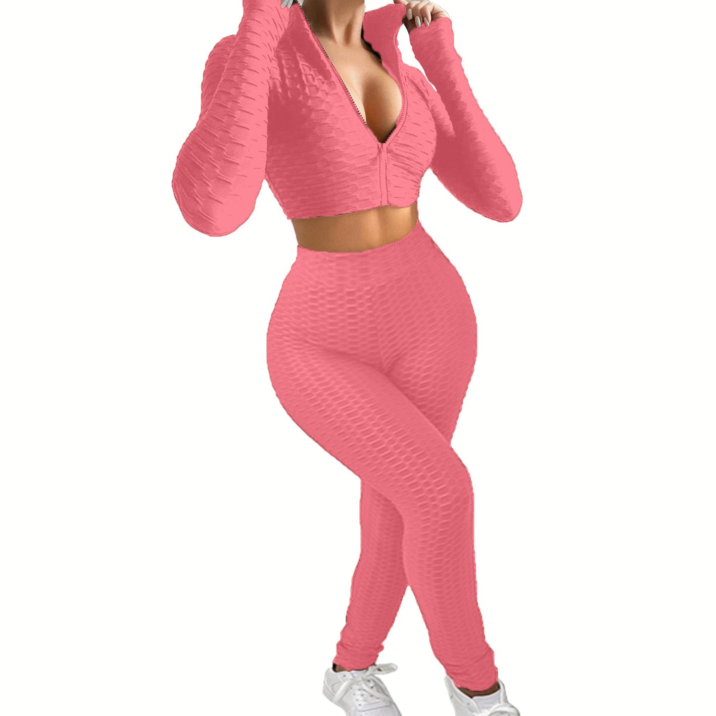 Two Piece Crop Top and Leggings Set-Pink-Theone Apparel