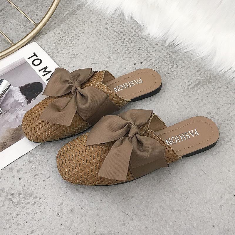 Woven Bow Top Slip On Sandals-Brown-Theone Apparel