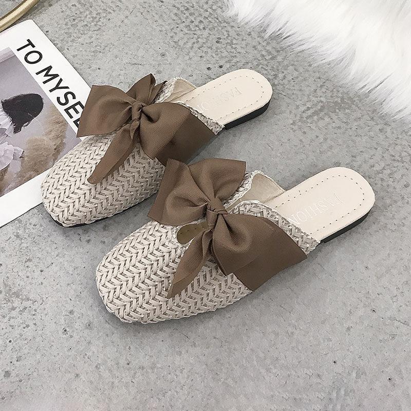 Woven Bow Top Slip On Sandals-Beige-Theone Apparel