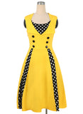 Polka dot contrast-knop-accent mouwloze jurk