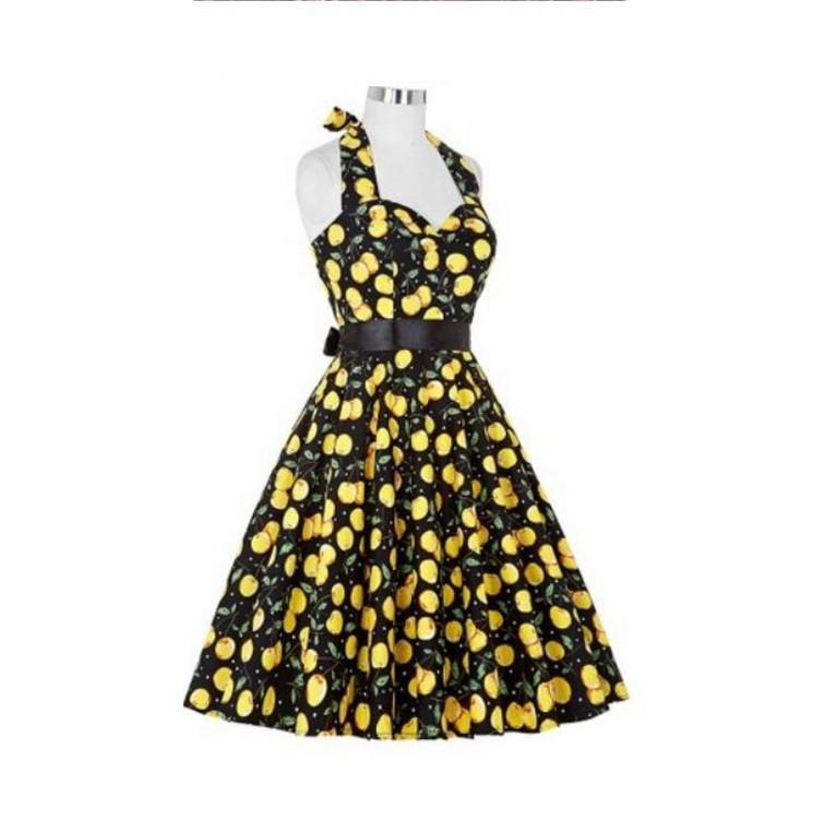 Yummy Print Retro Halter Dress-Yellow-Theone Apparel