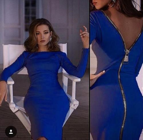 Zip Back Skintight Long Sleeve Dress-Dark Blue-Theone Apparel