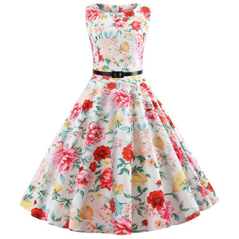 Belted Floral Print Retro Dress - THEONE APPAREL