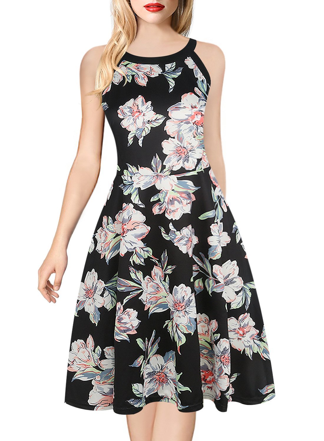 Black-Trim All-Over Print Sleeveless Dress - THEONE APPAREL