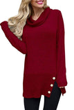 Button-Accent Side-Slit Cowl-Neck Tunic Sweater - THEONE APPAREL