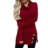Button-Accent Side-Slit Cowl-Neck Tunic Sweater - THEONE APPAREL