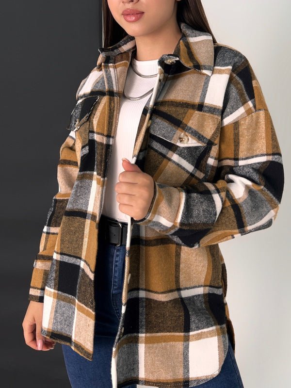 Button Down Flannel Shirt with Pockets and a Collar - THEONE APPAREL