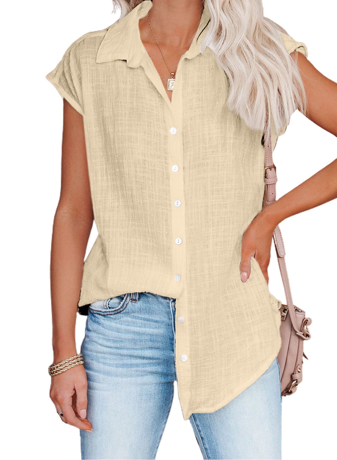 Casual Collared Button Down Short Sleeve Top - THEONE APPAREL