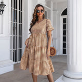 Checked Midi Dress with Tiered Skirt and Short Sleeves - THEONE APPAREL